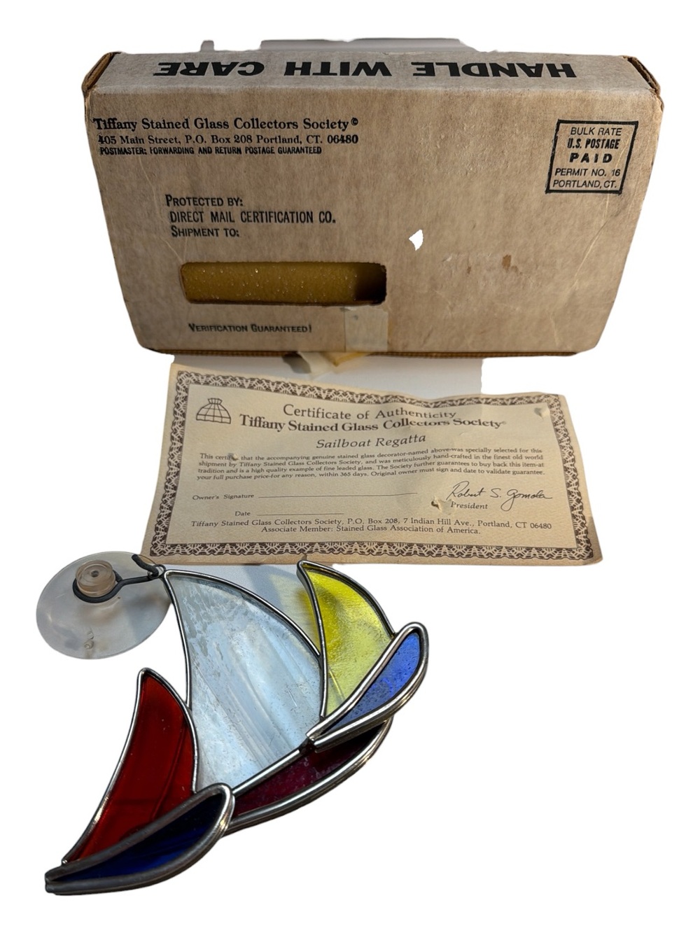 Vintage Tiffany & Co. Stained Glass Sailboat Suncatcher - Multicolor